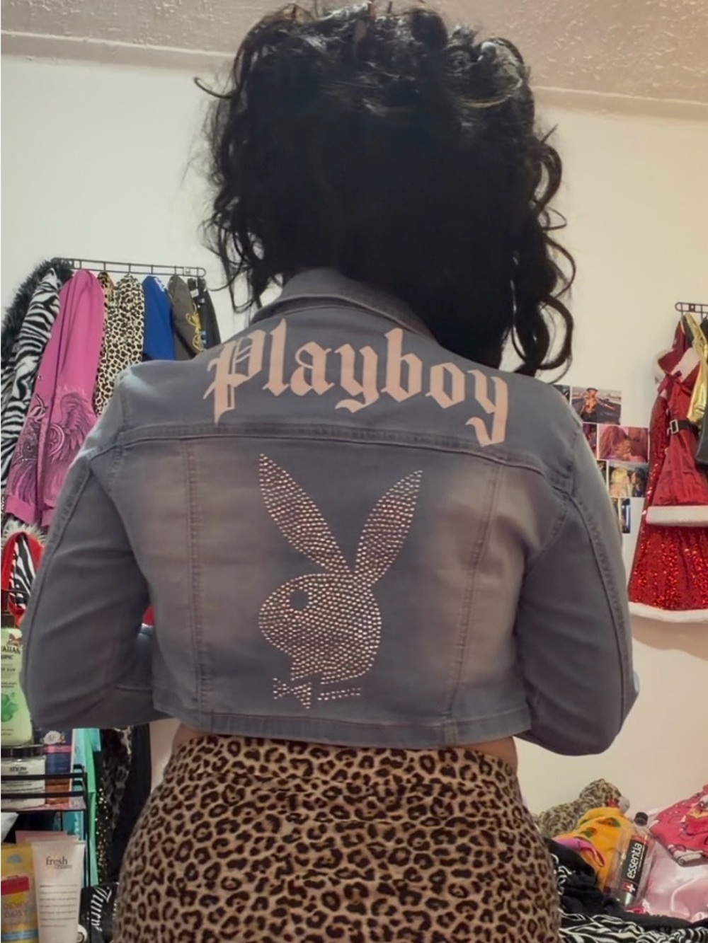 PLAYBOY Gray Cropped Denim Jacket with Rhinestone Bunny Back